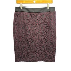 Ann Taylor LOFT Burgundy Lace Pencil Skirt Women’s Size 8 Floral Overlay Lined